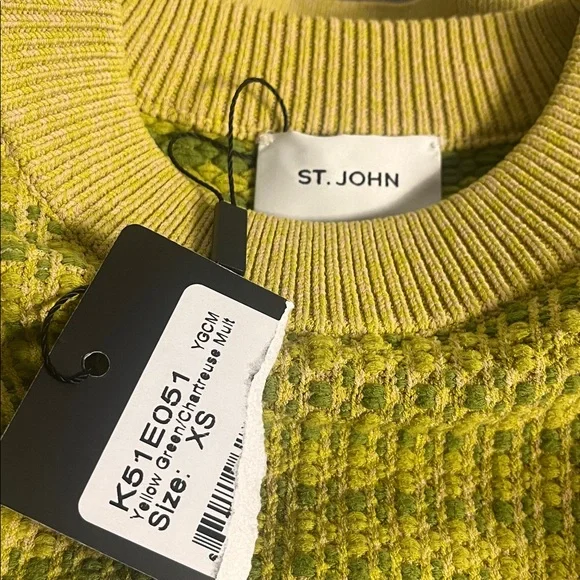 NWT St. John Bicolor‎ Textured Knit Crew Neck Sweater in Yellow/Green Size XS
